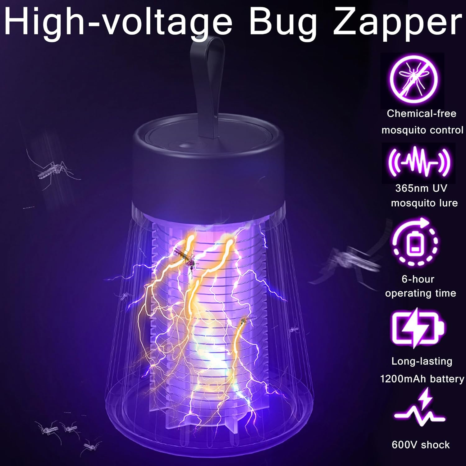 Bug Zapper,Hanging Rechargeable Mosquito Zapper, UV Purple Light Electric Insect Trap with Safety Grid, Portable Mosquito Killer, Fruit Fly Trap for Patio, Home, Backyard, Garden, Campsite