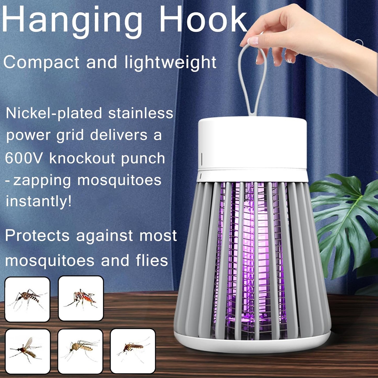 Bug Zapper,Hanging Rechargeable Mosquito Zapper, UV Purple Light Electric Insect Trap with Safety Grid, Portable Mosquito Killer, Fruit Fly Trap for Patio, Home, Backyard, Garden, Campsite