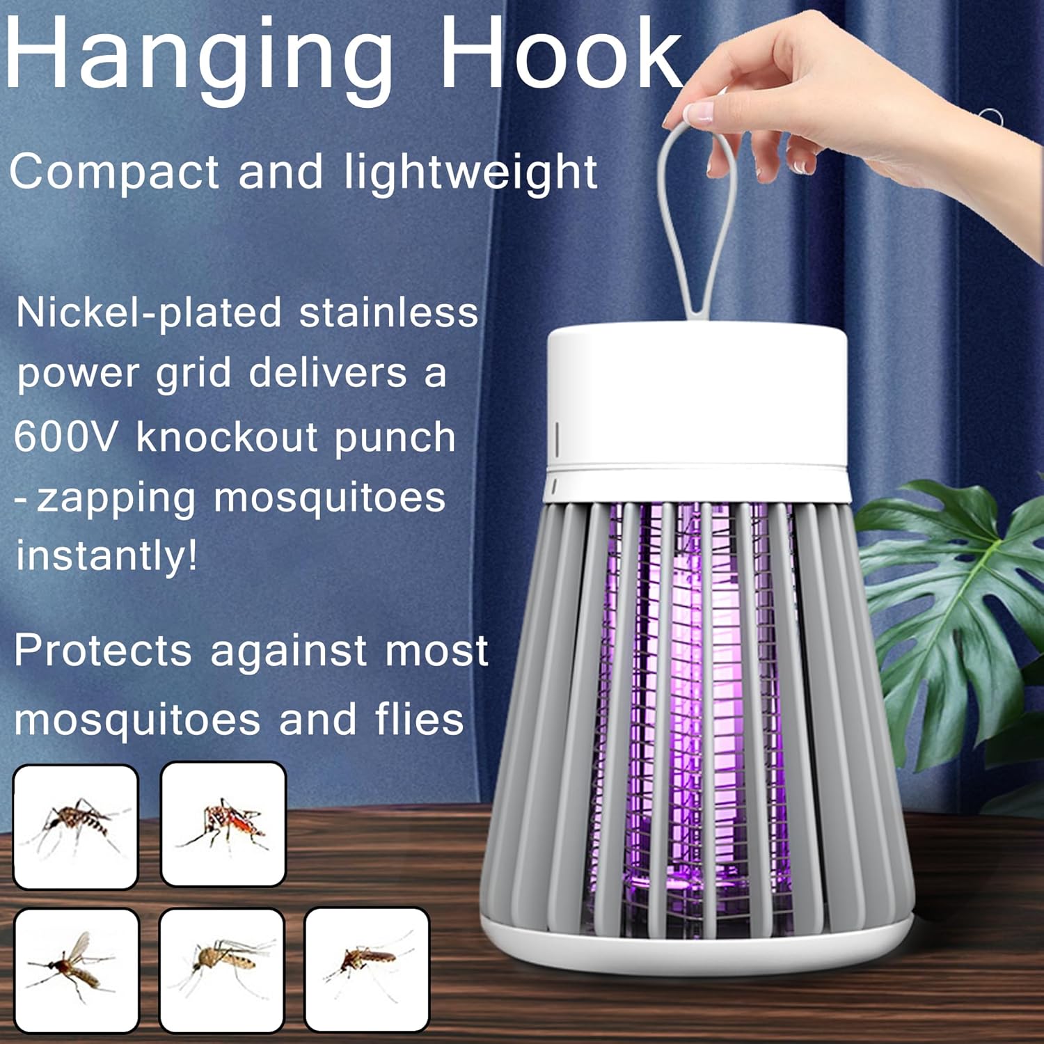 Bug Zapper,Hanging Rechargeable Mosquito Zapper, UV Purple Light Electric Insect Trap with Safety Grid, Portable Mosquito Killer, Fruit Fly Trap for Patio, Home, Backyard, Garden, Campsite
